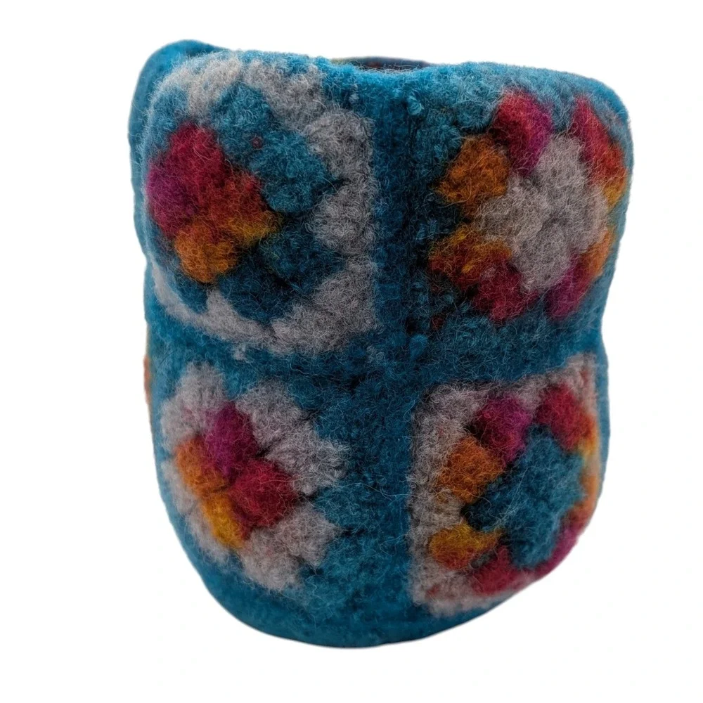 Vintage Handmade Felted Basket Crocheted Turquoise Round Granny Square Wool